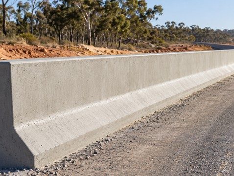 A continuous slipform concrete barrier formed along a road shoulder