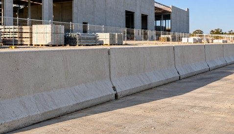 A line of precast barriers in front of a commercial building