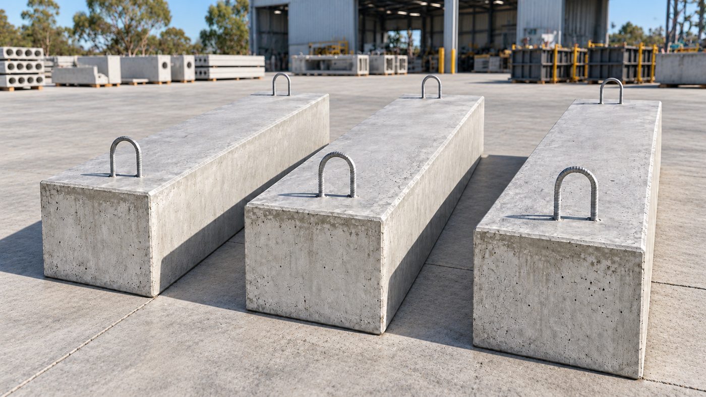 Three precast concrete footings with cast-in lifting loops in the yard