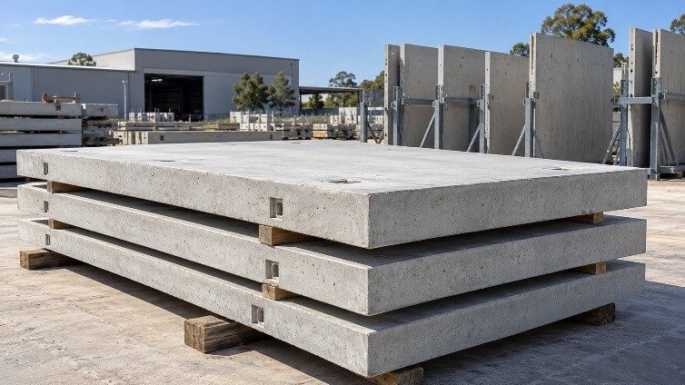 Three prestressed floor slabs stacked on timber bearers in the yard