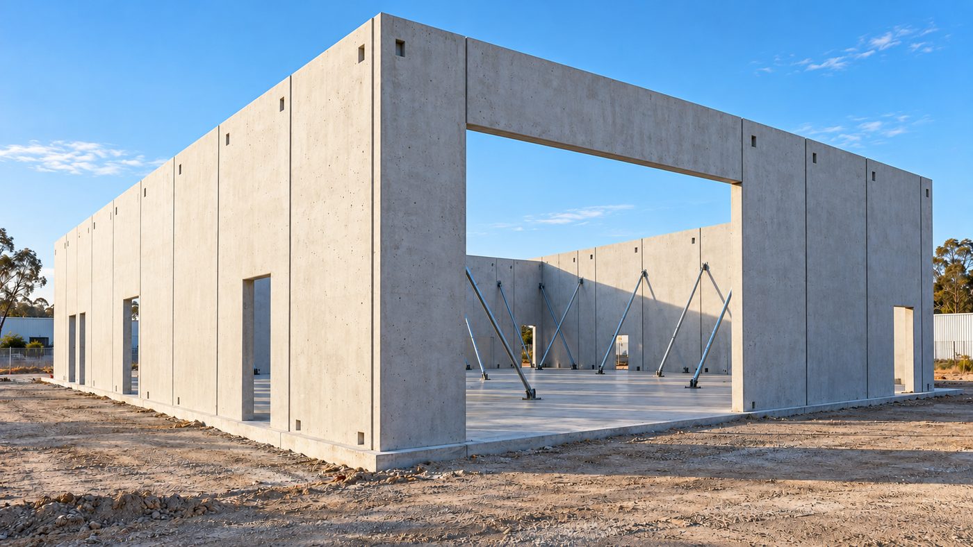 Tilt-up concrete wall panels standing on a slab, held by temporary braces