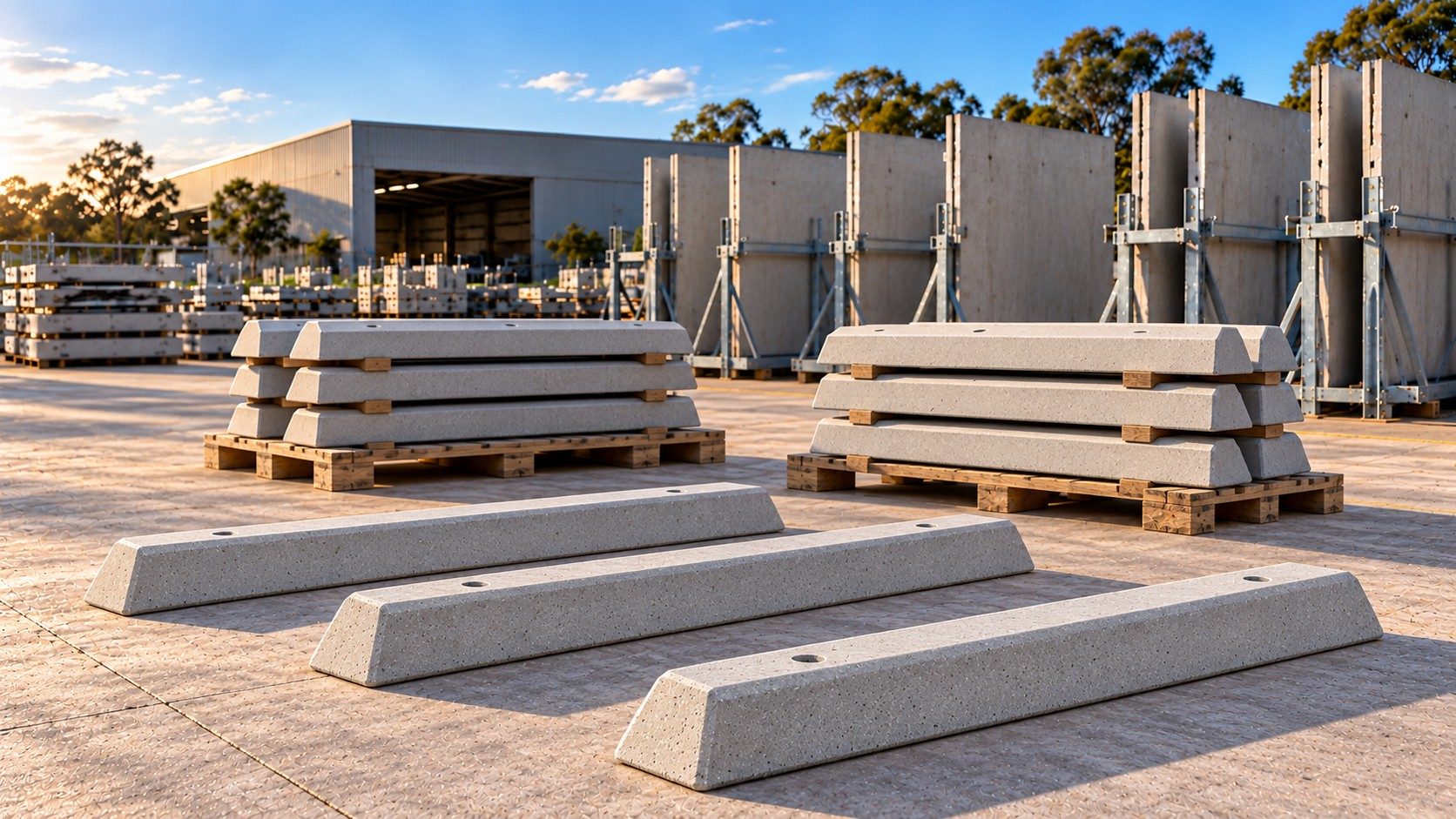 Our Maddington yard: tilt panels racked, prestressed slabs stacked on pallets and precast barriers in front